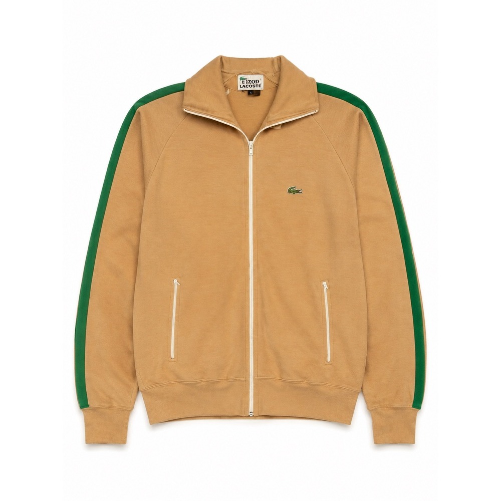 Vintage IZOD Lacoste Track Jacket Tan Green Stripe Acrylic Full Zip Mens M 1980s